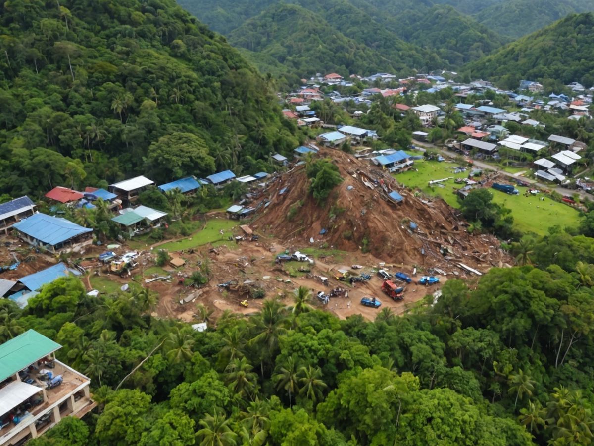 Phuket village landslide aftermath with rescue workers and debris.