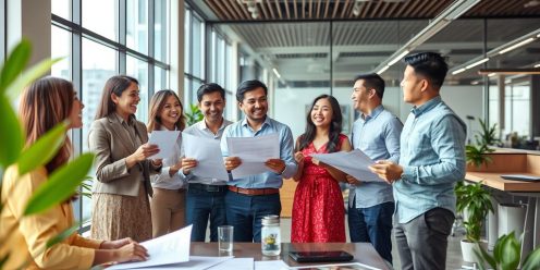 Diverse group discussing property purchase in Thai office.