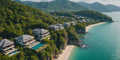 Aerial view of Phuket's luxurious villas and coastline.