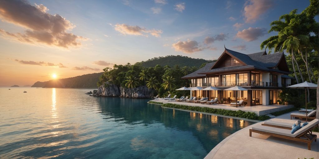 Luxurious beachfront property in Phuket at sunset