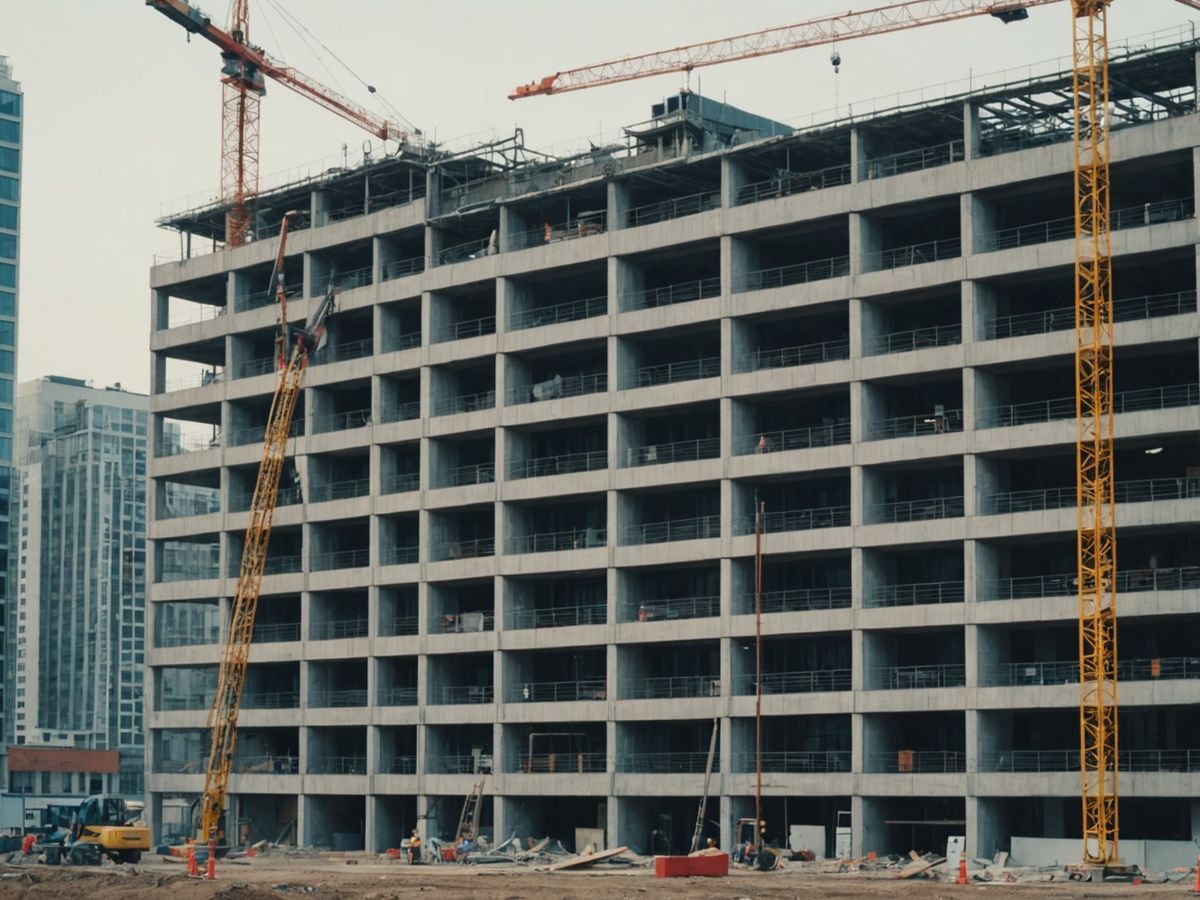 Office building under renovation with cranes in the background.