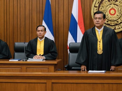 Courtroom with judges and concerned Prime Minister Srettha Thavisin.