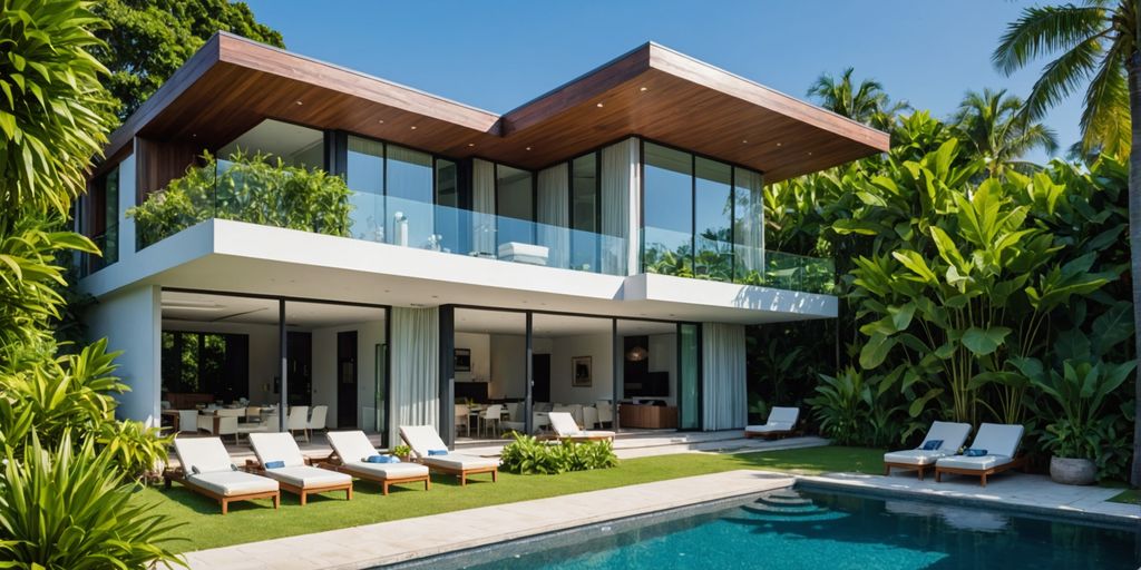 Modern house with pool in tropical setting