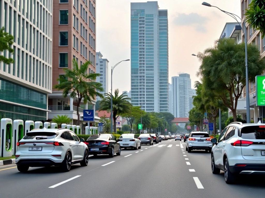 Thailand street with electric vehicles and high-rise buildings.