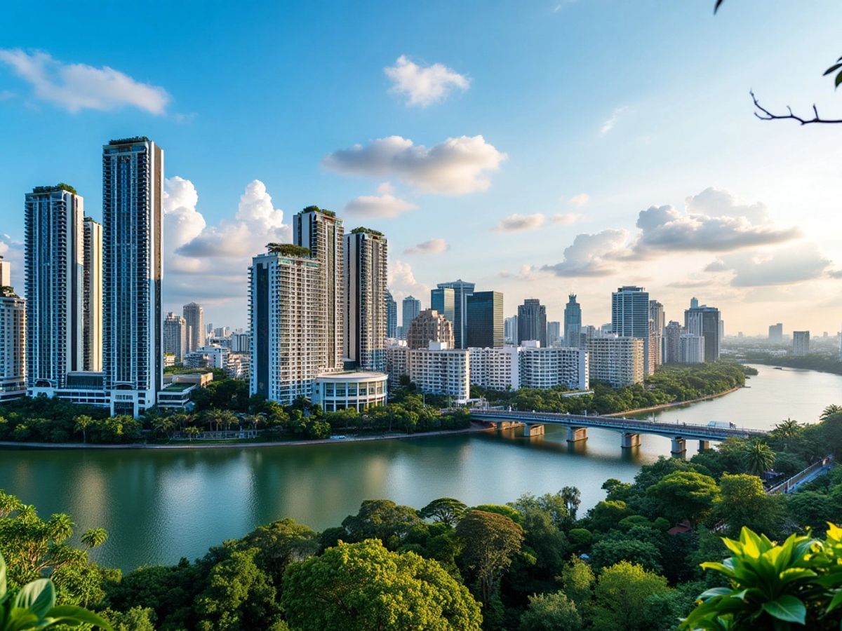 Modern condominiums in a vibrant Thai city skyline.