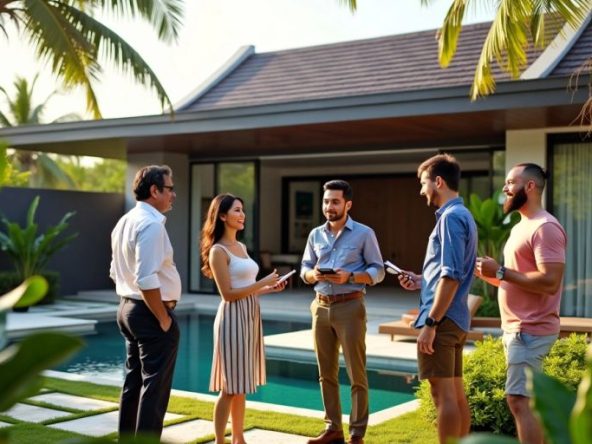 Group discussing property in front of a Thai villa.