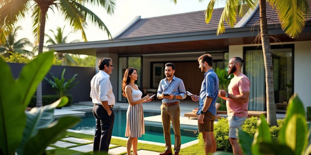 Group discussing property in front of a Thai villa.