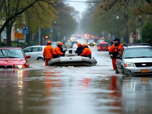 Flooded street with rescue boats and emergency responders.