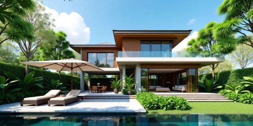 Modern villa in Phuket with lush greenery and blue sky.