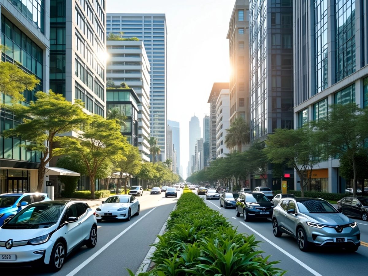 Cityscape with electric vehicles and modern architecture in Thailand.