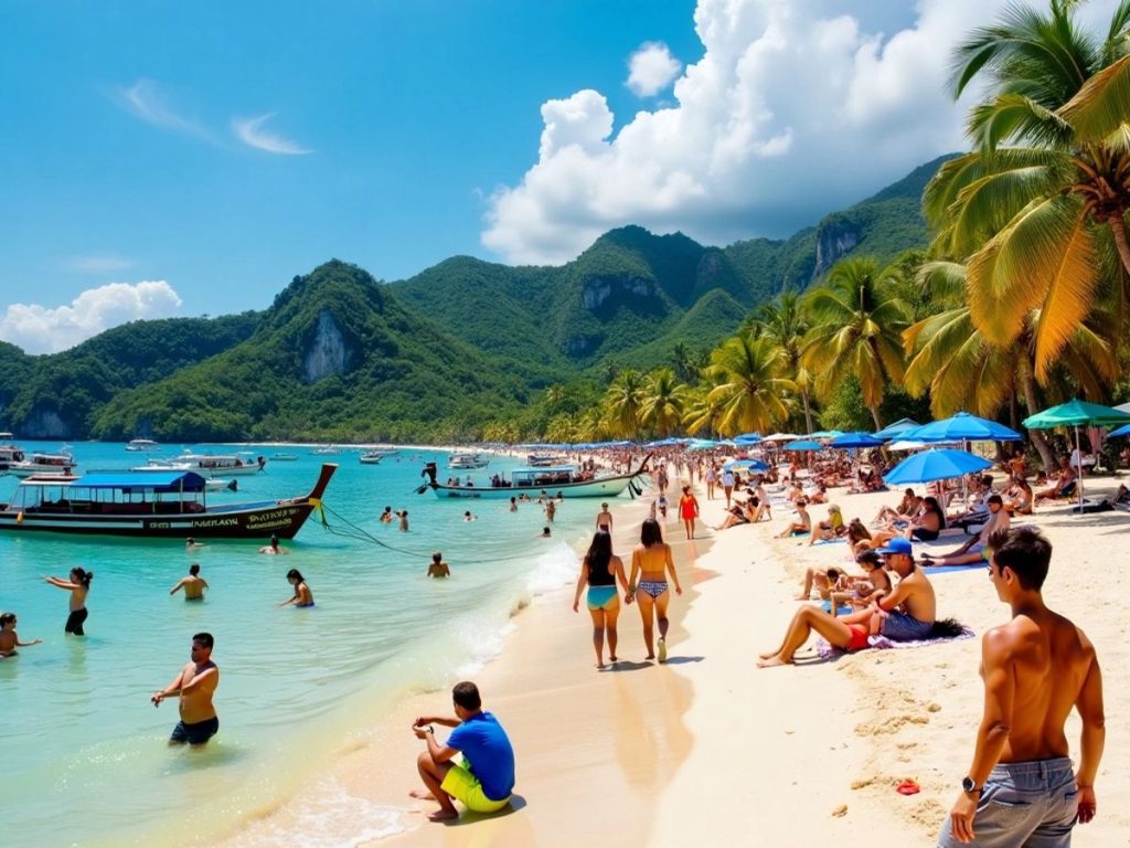 Tourists enjoying a busy Phuket beach