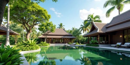 Serene Thai property landscape with traditional architecture and greenery.