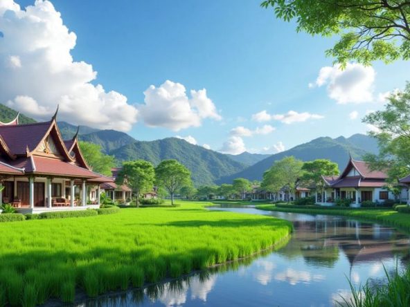 Serene Thai landscape with traditional architecture and greenery.