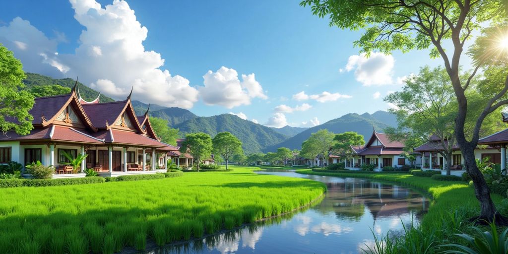 Serene Thai landscape with traditional architecture and greenery.