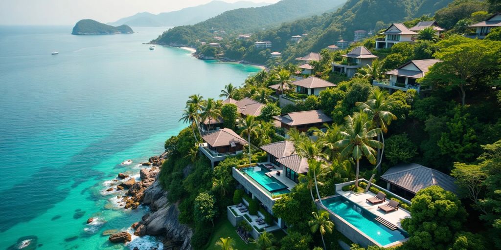 Aerial view of Phuket's luxurious real estate and coastline.