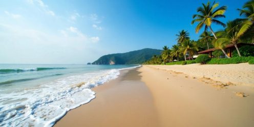 Serene beach in Phuket with palm trees and clear sky.