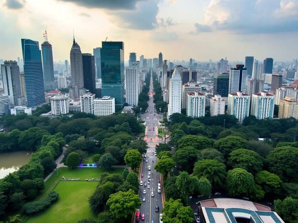 Bangkok skyline with modern buildings and greenery.