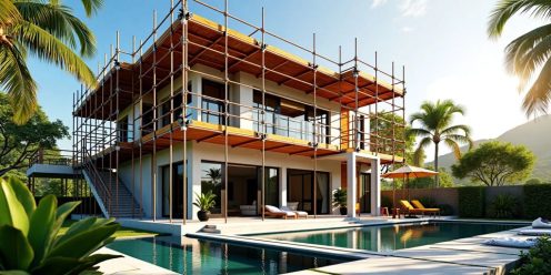 Phuket villa construction site with scaffolding and materials.