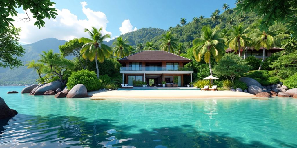 Phuket beach with villa and greenery