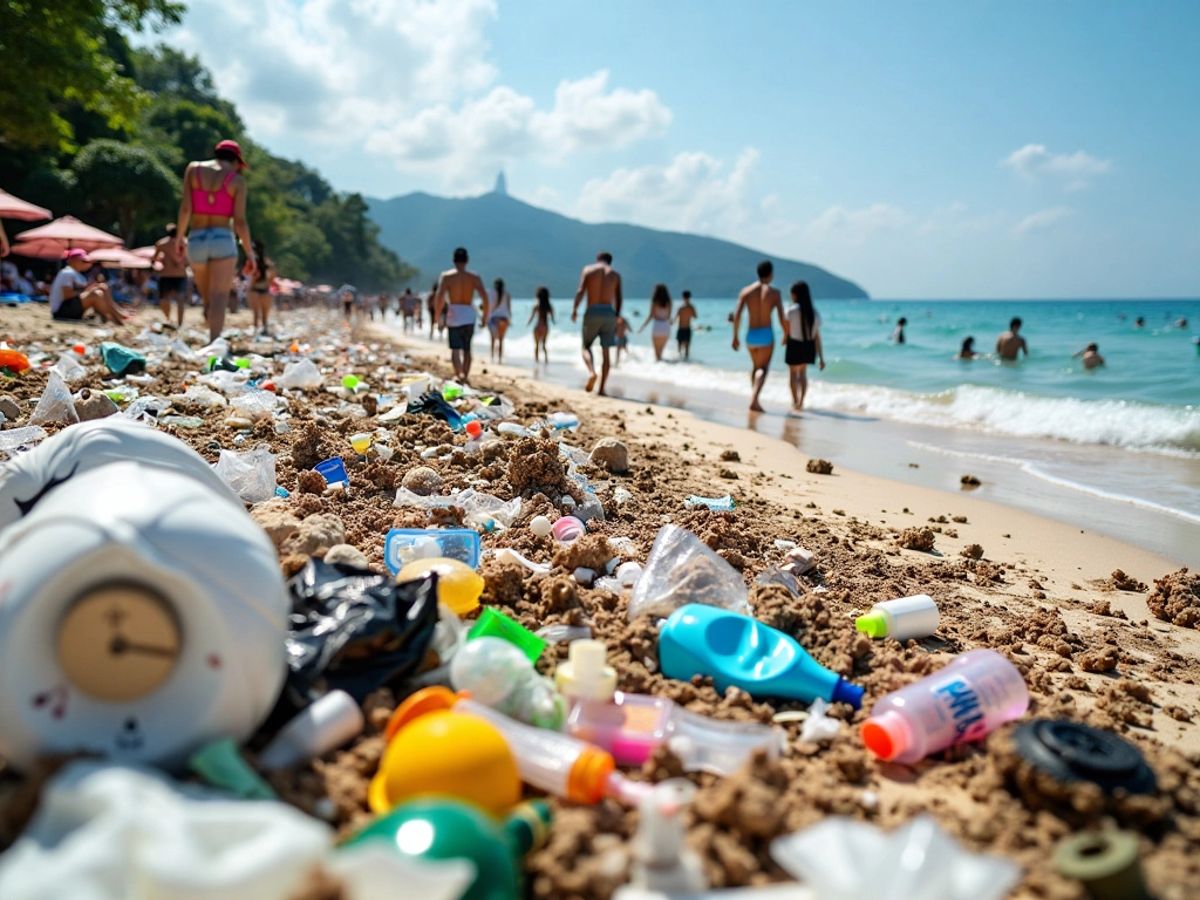 Phuket beach filled with trash amid tourists enjoying sun.