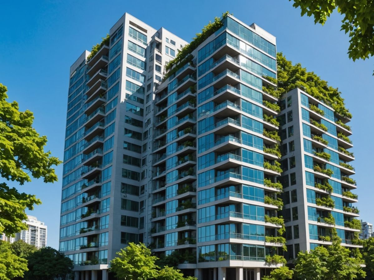 High-rise condo with blue sky and greenery