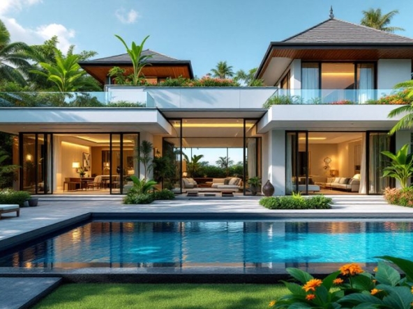 Luxurious Thai villa with tropical surroundings and pool.