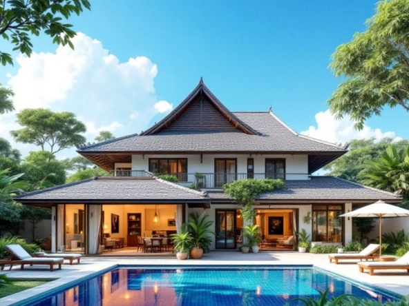 Luxurious Thai villa with pool and lush surroundings.