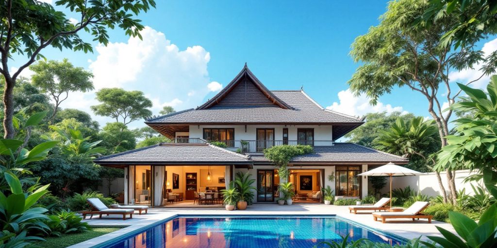 Luxurious Thai villa with pool and lush surroundings.