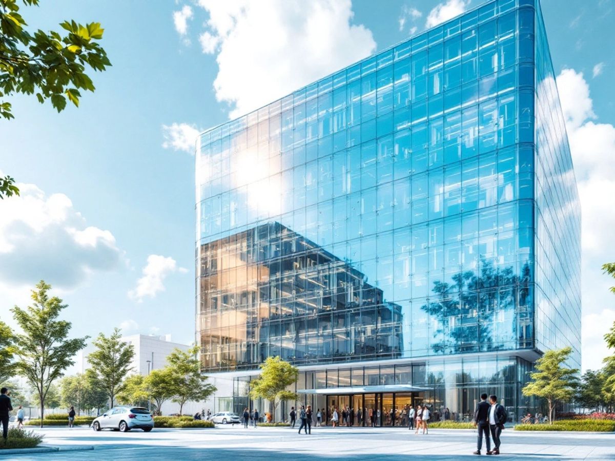 Modern office tower with glass architecture and greenery.