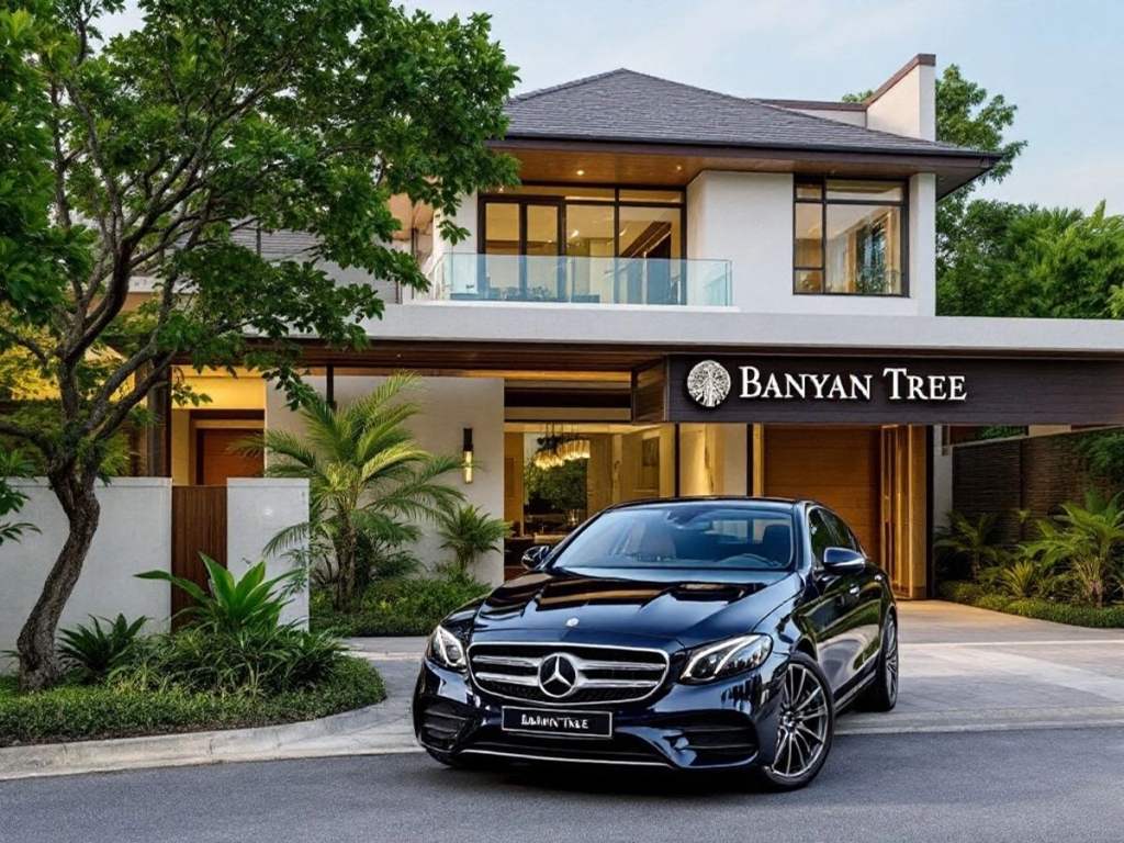 Luxury residence with a Benz in a serene landscape.