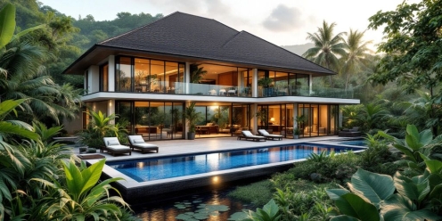 Luxurious Thai villa with tropical gardens and pool.