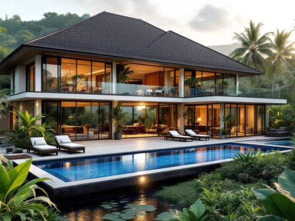 Luxurious Thai villa with tropical gardens and pool.