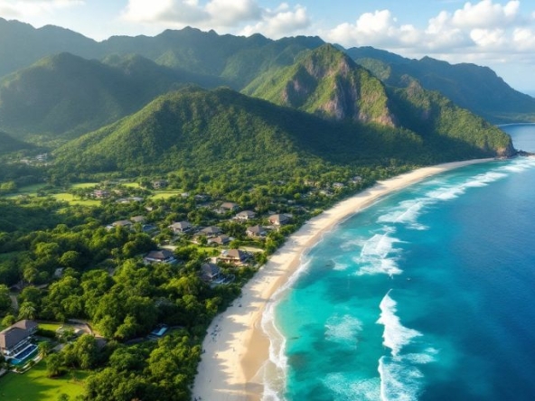 Aerial view of Phuket's beaches and luxurious properties.