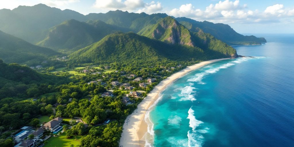 Aerial view of Phuket's beaches and luxurious properties.