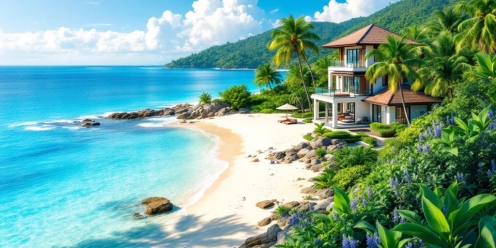 Phuket beach with villas, inviting real estate opportunities.