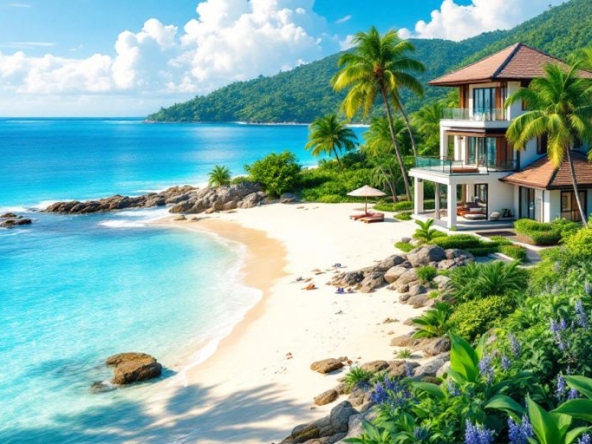 Phuket beach with villas, inviting real estate opportunities.