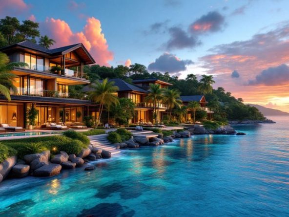 Luxurious beachfront properties in Phuket at sunset.