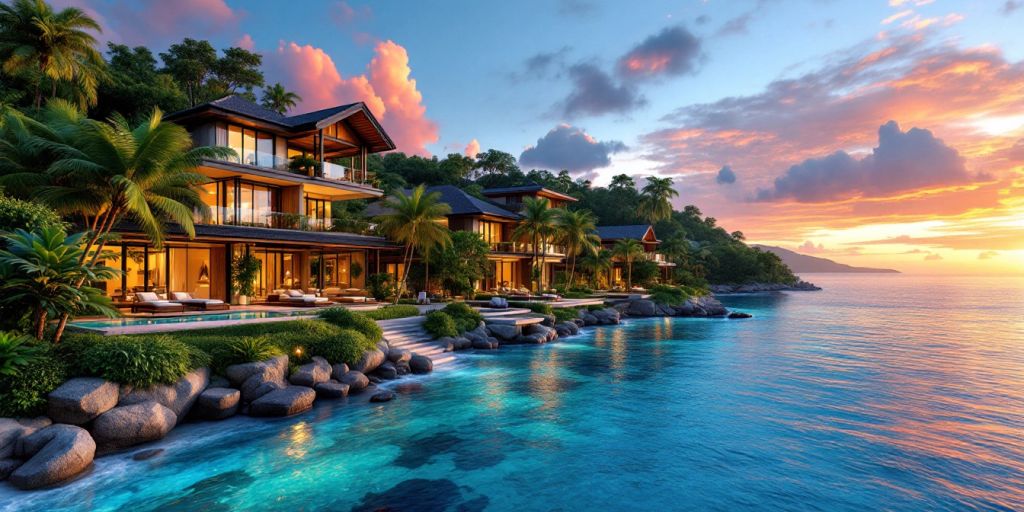 Luxurious beachfront properties in Phuket at sunset.