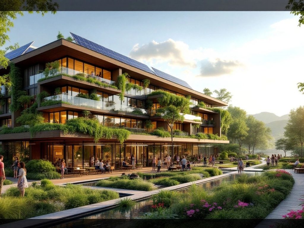 Eco-friendly building with greenery and solar panels.