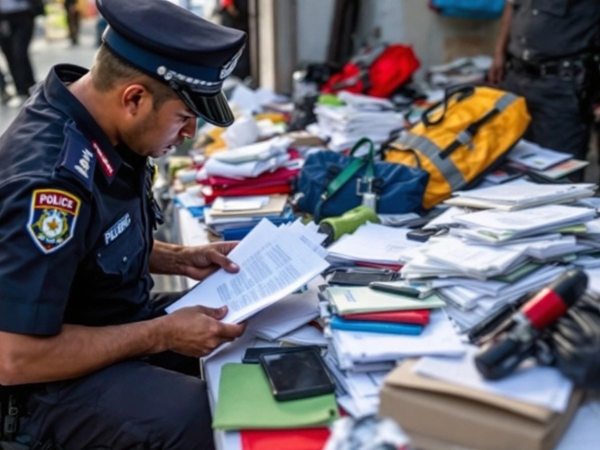 Police officer inspecting confiscated properties in Chiang Mai.