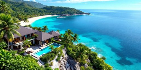 Luxurious villas in Samui with turquoise waters and greenery.