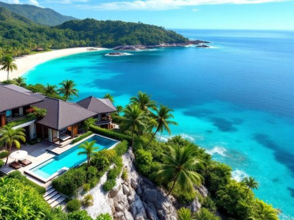 Luxurious villas in Samui with turquoise waters and greenery.