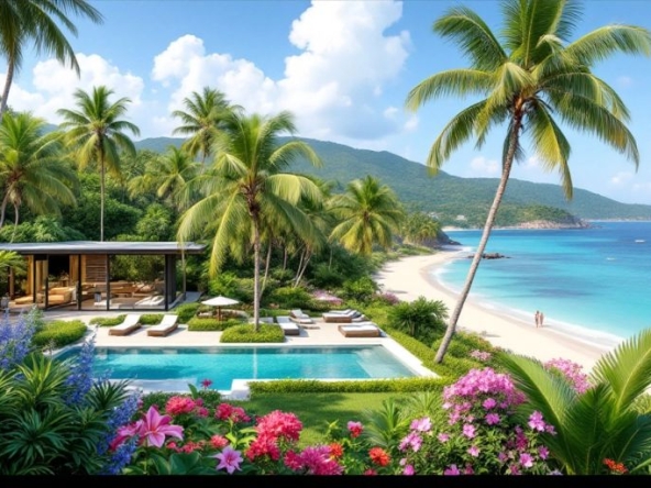 Luxurious property in Samui with beach and greenery.