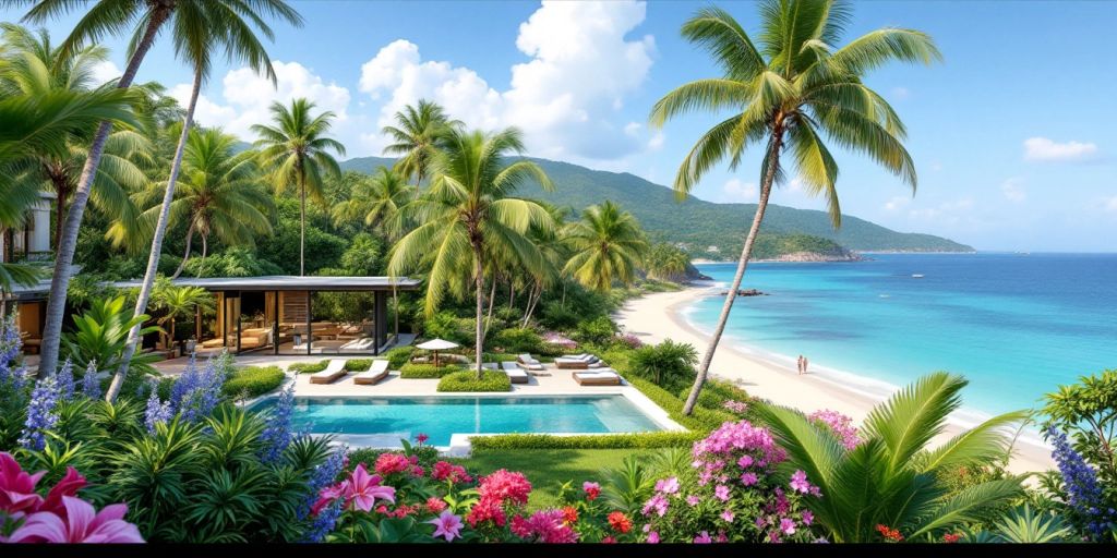 Luxurious property in Samui with beach and greenery.