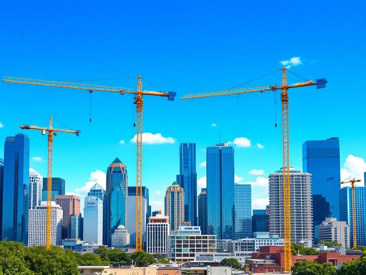 City skyline with modern buildings and construction cranes.