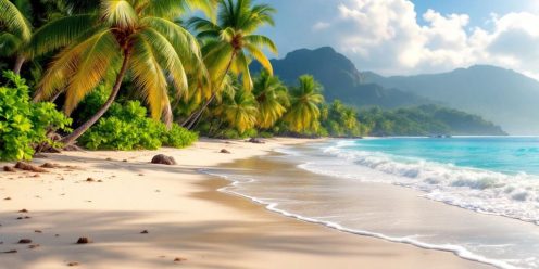 Tropical beach in Samui with palm trees and clear waters.