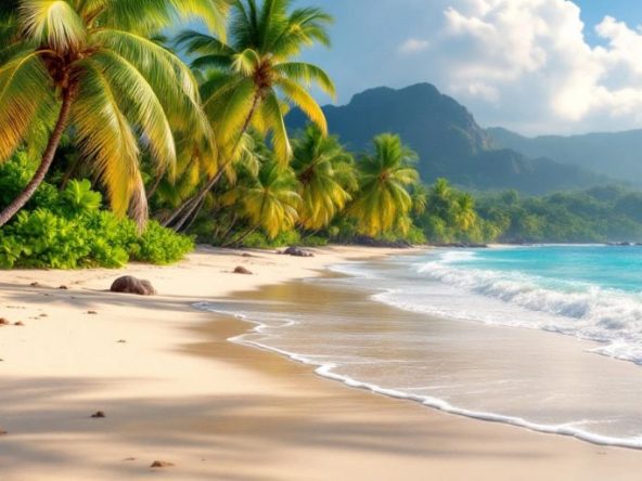 Tropical beach in Samui with palm trees and clear waters.