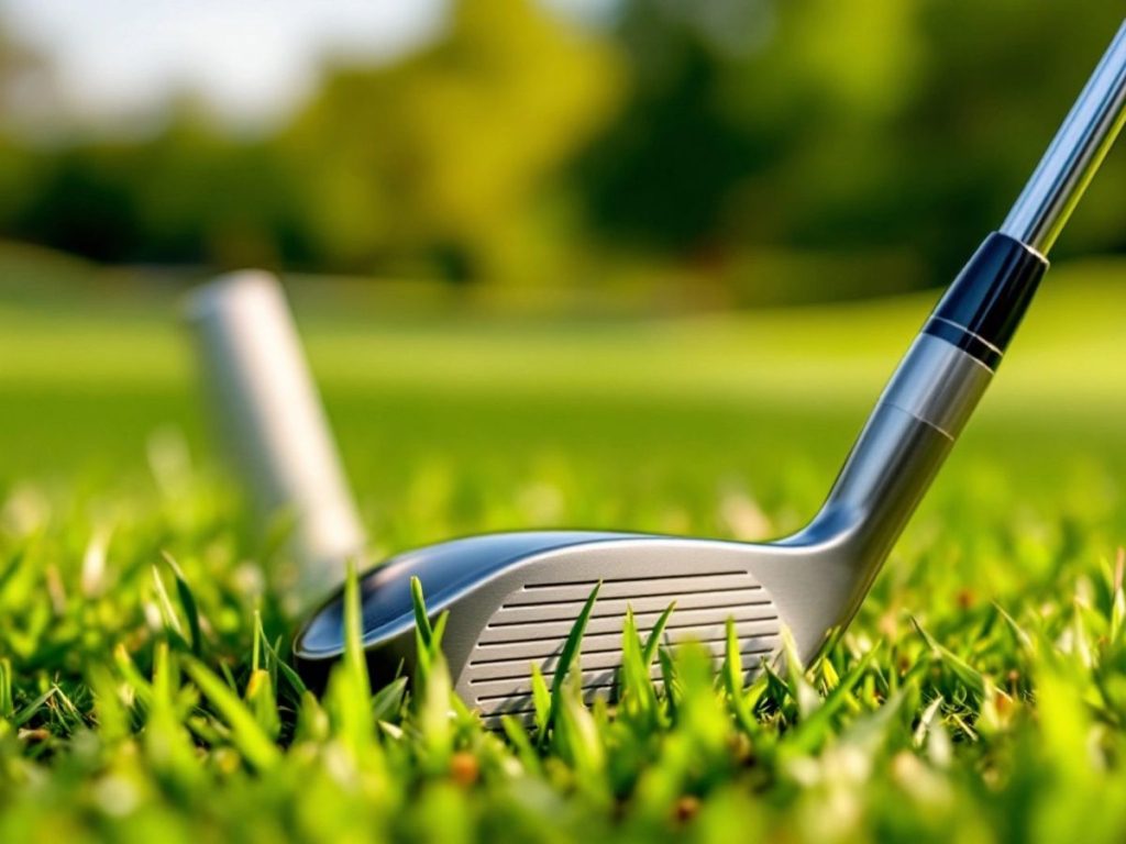 Golf club on green grass fairway with blurred background.