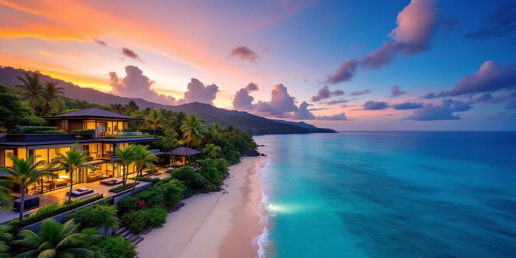 Beachfront villa in Phuket with tropical gardens and sunset.