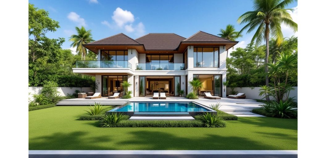 Luxurious Thai villa with pool and tropical surroundings.